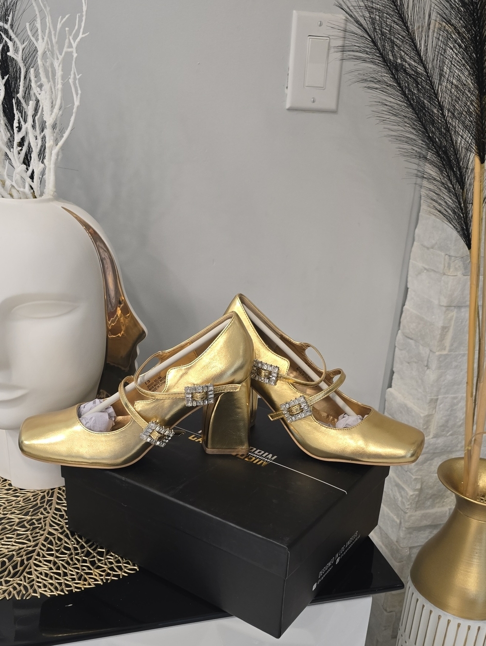 Cape Robbin Gold Mary Jane Block Heels with Crystal Buckles